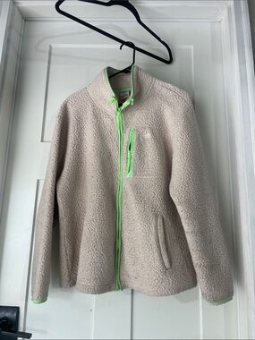 Women PINK VS  Beige Sherpa Jacket with Neon Green Trim
